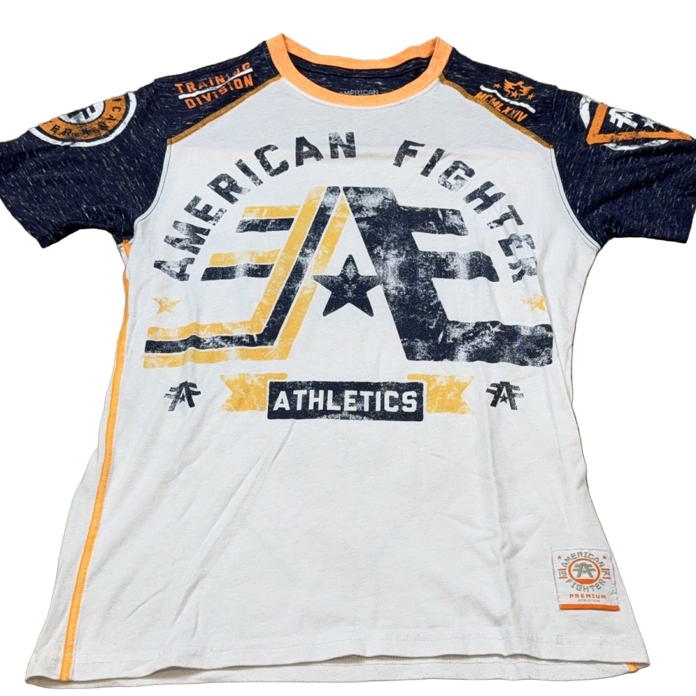 American Fighter Athletics T-Shirt Men's S White Navy Blue Orange Graphic Logo